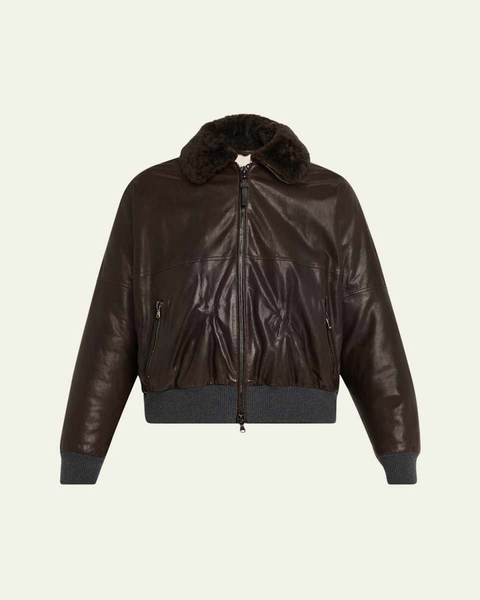 Leather Biker Jacket with Removable Shearling Collar